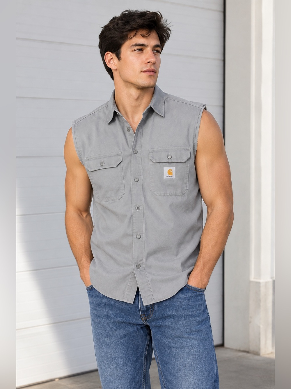 Carhartt Men’s Sleeveless Button-Down Work Shirt - Light Gray